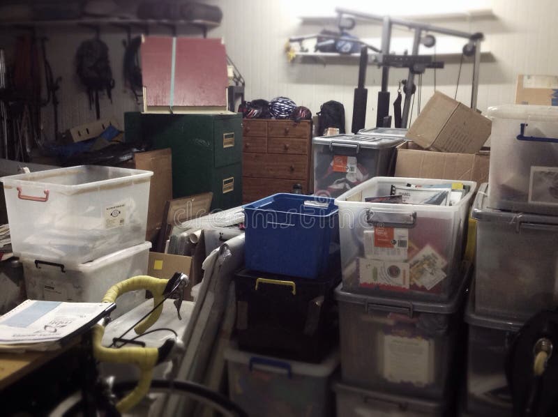 Full Messy Storage Shed stock photo. Image of paintings